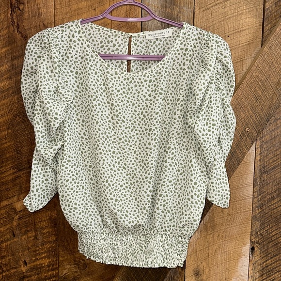 Paper Crane Green White Women's Ruched Sleeves Elastic Waistband Small A41 - Picture 1 of 8